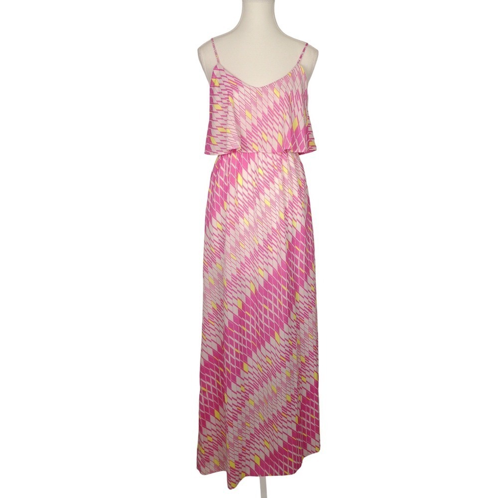 Coveted Clothing Pink Yellow Geometric Print Ruffle Tier Maxi Dress Women S